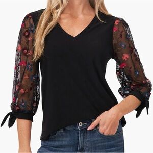 CeCe Floral Embroidered Sleeves Tulle Sleeve Top Size M